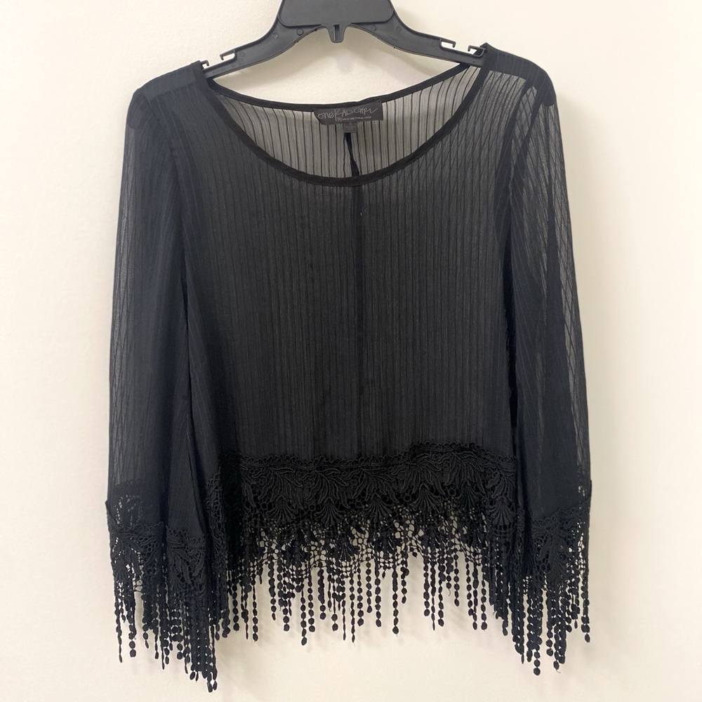 Sheer Black blouse with fringe tassels